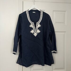 Blue and White Embellished 100 % linen 3/4 Sleeve blouse